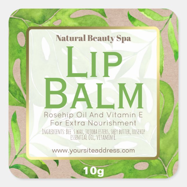 Kraft Green Tropical Leaves Lip Balm Label (Front)