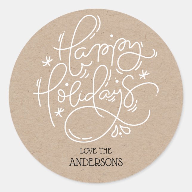 Kraft Happy Holidays Handwritten Script Envelope Classic Round Sticker (Front)