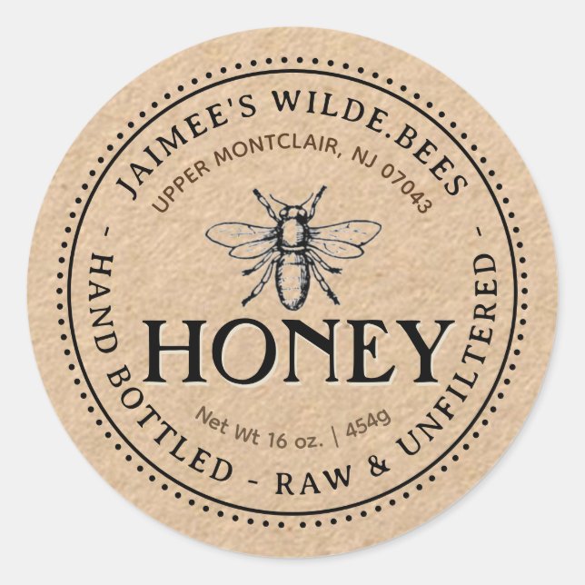 Kraft Honey Label with Honeybee and Dotted Border (Front)