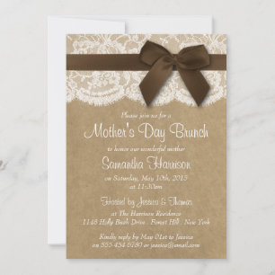 Kraft, Lace & Brown Bow Mother's Day Brunch Invitation