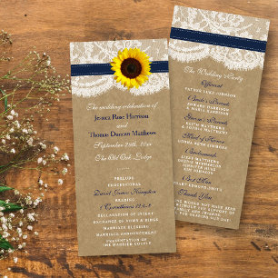 Kraft, Lace & Navy Blue Sunflower Wedding Programs