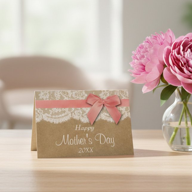 Kraft, Lace & Pink Bow Happy Mother's Day Card (Creator Uploaded)