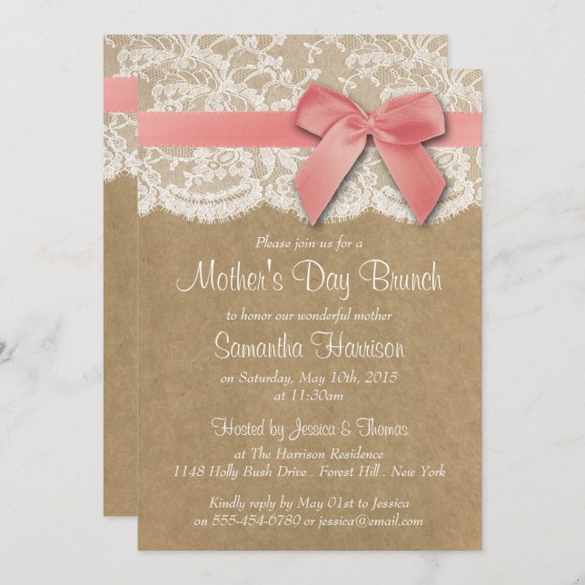 Kraft, Lace & Pink Bow Mother's Day Brunch Invitation (Front/Back)