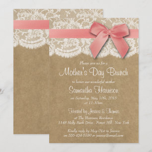 Kraft, Lace & Pink Bow Mother's Day Brunch Invitation
