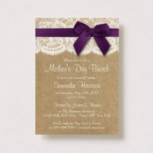 Kraft, Lace & Purple Bow Mother's Day Brunch Invitation