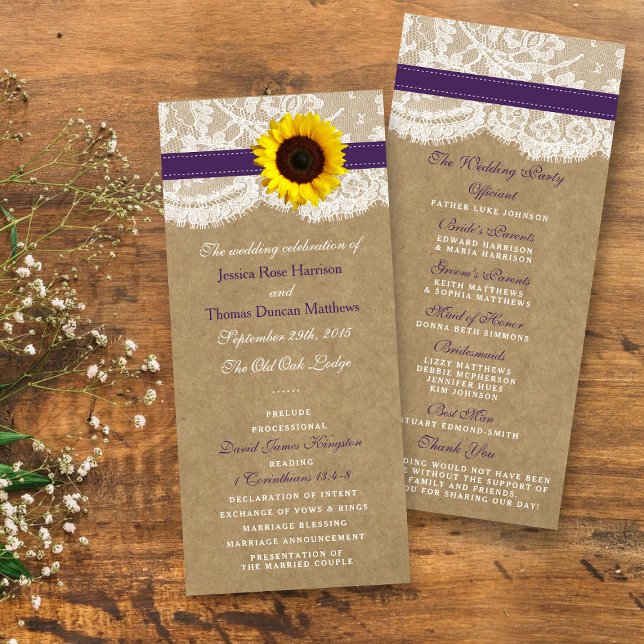 Kraft, Lace & Purple Sunflower Wedding Programs (Creator Uploaded)