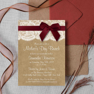 Kraft, Lace & Red Bow Mother's Day Brunch Invitation