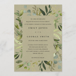 KRAFT LEAFY FRAME GREEN FOLIAGE WATERCOLOR WEDDING INVITATION