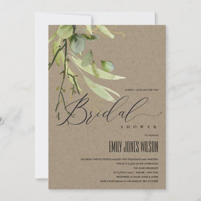 KRAFT LEAFY GREEN FOLIAGE WATERCOLOR BRIDAL SHOWER INVITATION (Front)