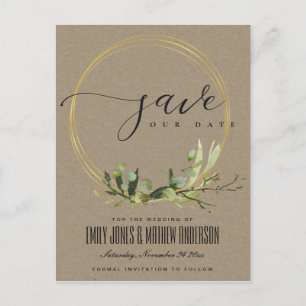 KRAFT LEAFY GREEN FOLIAGE WATERCOLOR SAVE THE DATE ANNOUNCEMENT POSTCARD