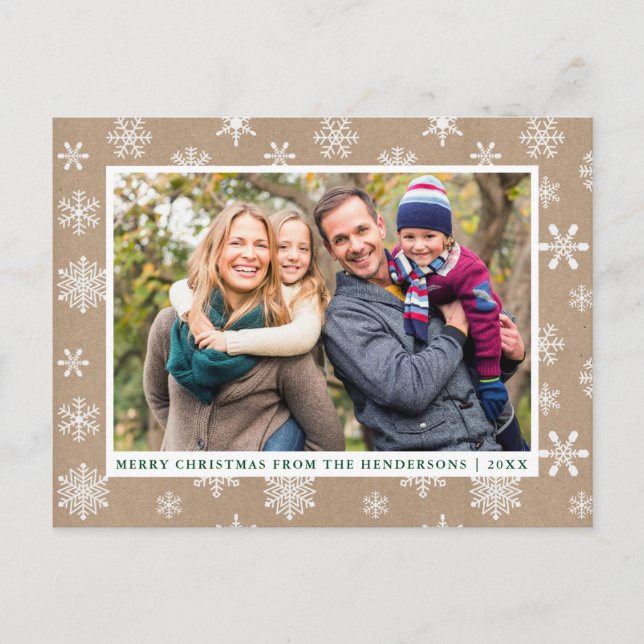 Kraft Merry Christmas Photo Snowflakes Postcard (Front)