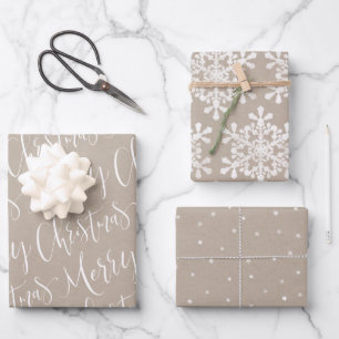 Kraft Merry Christmas script and Snowflakes set Wrapping Paper Sheet