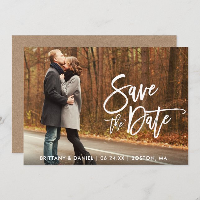 Kraft Modern Brush Script Photo Save The Date Card (Front/Back)