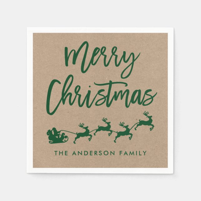 Kraft Modern Brush Script Santa Christmas Green Napkin (Front)