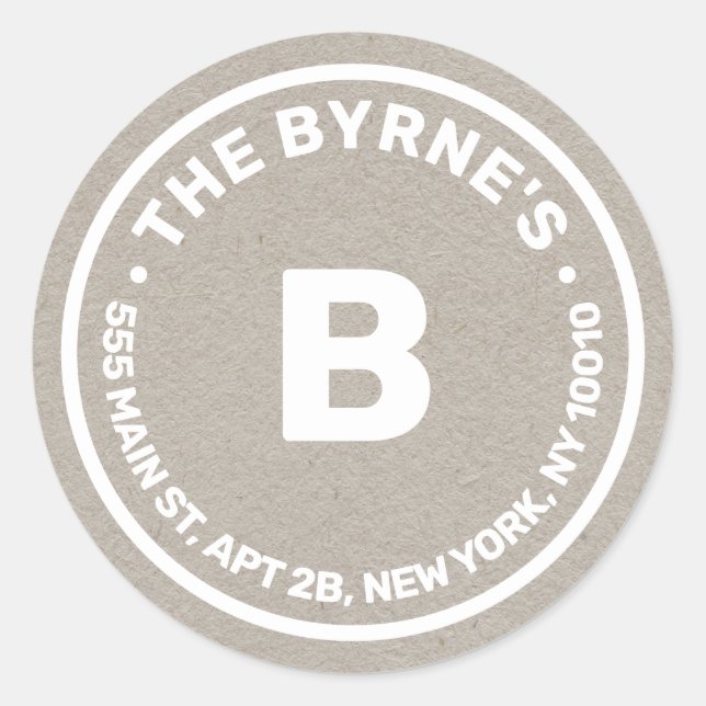 Kraft Monogram Adresse Classic Round Sticker (Devant)