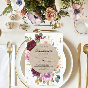 Kraft Moody & Rustic Burgundy Floral Frame & Gold  Invitation