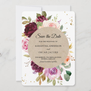 Kraft Moody & Rustic Burgundy Floral Frame & Gold  Save The Date