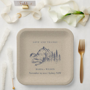 Kraft Navy Pine Woods Mountain Sketch Wedding Paper Plate