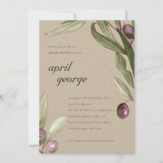 KRAFT OLIVE WATERCOLOR FOLIAGE BABY SHOWER INVITE (Front)