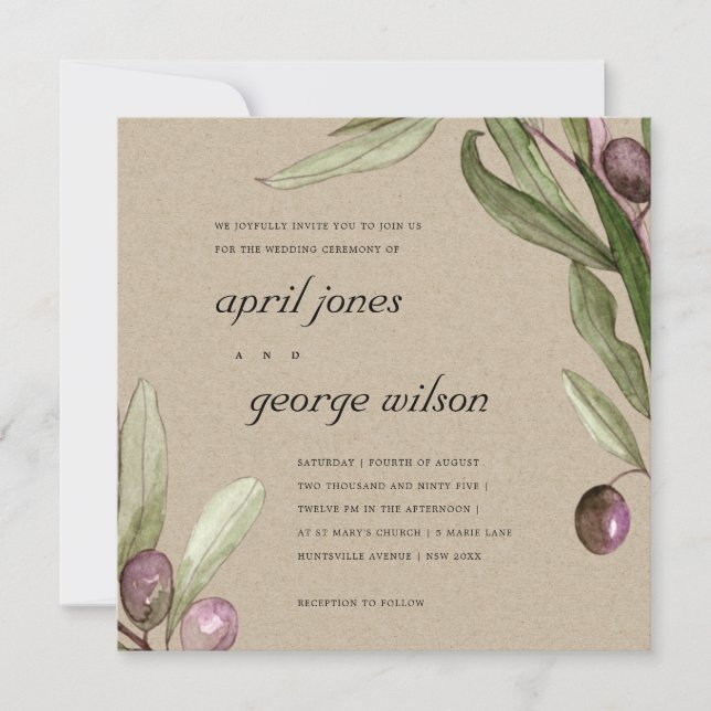 KRAFT OLIVE WATERCOLOR FOLIAGE WEDDING INVITE (Front)