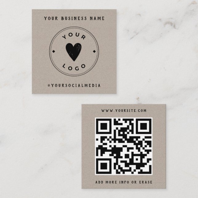 Kraft Paper Add Your Logo QR Code Social Media Square Business Card (Front/Back)