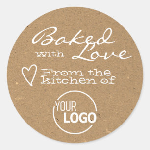 Kraft Paper Baked with Love Logo Template Heart Classic Round Sticker
