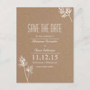 Kraft Paper Brown and White Leaves Save The Date Announcement Postcard