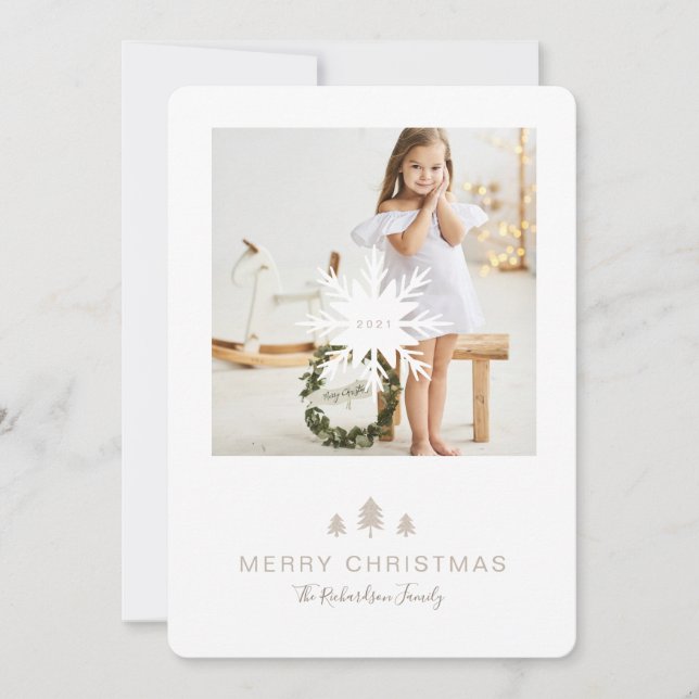 Kraft Paper Christmas Tree & Snowflake 1 Photo Holiday Card (Front)