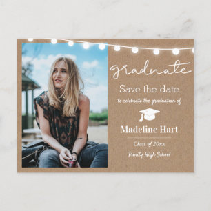 Kraft Paper Lights Script Graduate   Save The Date Postcard