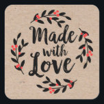 Kraft Paper Made with Love Christmas  Square Sticker<br><div class="desc">A personalized "made with love" sticker on a kraft coloured background. Features a pretty berry wreath and the words "made with love" in an elegant script font.  A pretty finishing touch for all of your handmade gifts. Designed for you by Blackberry Boulevard.</div>