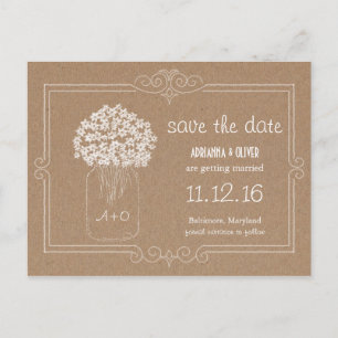 Kraft Paper Mason Jar Flowers Save The Date Announcement Postcard