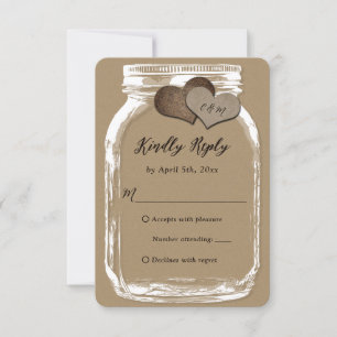 Kraft Paper Mason Jar Two Hearts Wedding RSVP Card