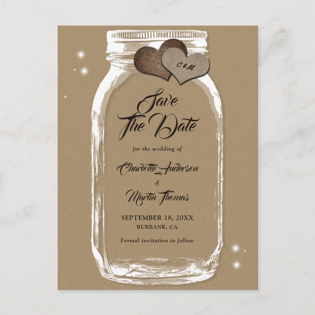 Kraft Paper Mason Jar Wedding Save The Date Announcement Postcard (Front)