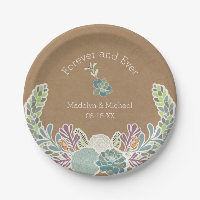 Kraft Paper Succulents Custom Wedding Paper Plates (Front)