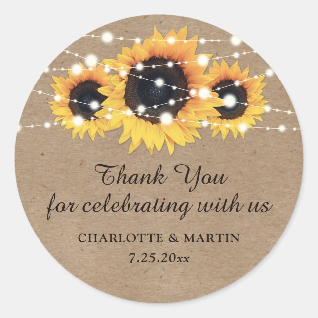 Kraft Paper Sunflower Wedding Thank You Stickers (Front)