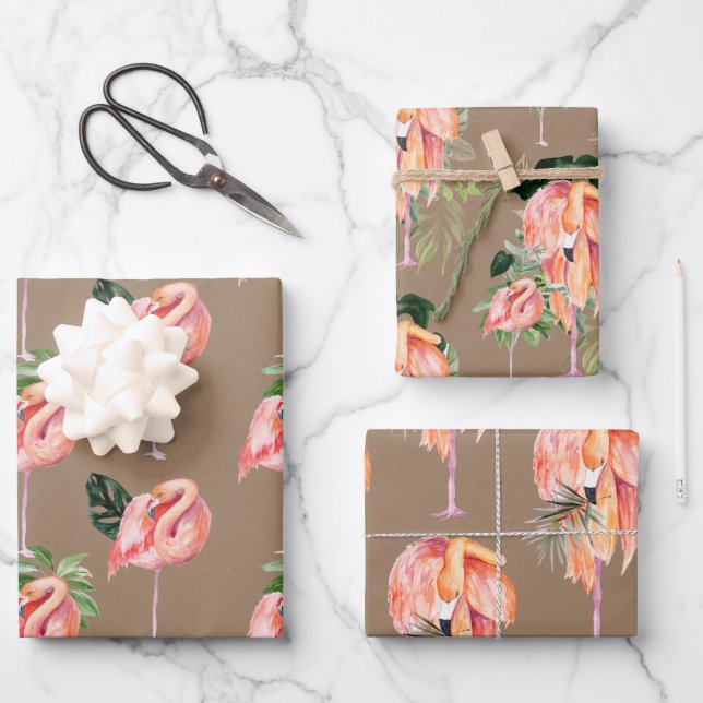 Kraft Paper Watercolor Pink Flamingos Mom & Baby (Front)