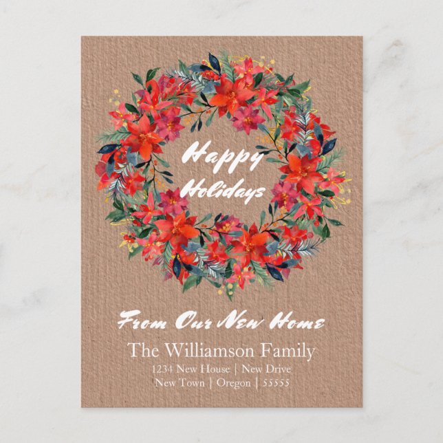 Kraft Paper Watercolor Wreath  From Our  New Home  Postcard (Front)
