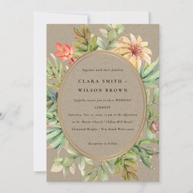 KRAFT PEACH DESERT SUCCULENT CACTI FOLIAGE WEDDING INVITATION (Front)