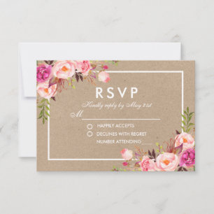 Kraft Pink Blush Watercolor Floral RSVP Wedding Card
