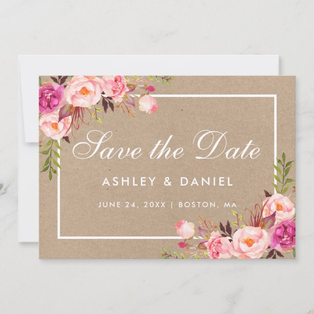 Kraft Pink Blush Watercolor Floral Save The Date (Front)