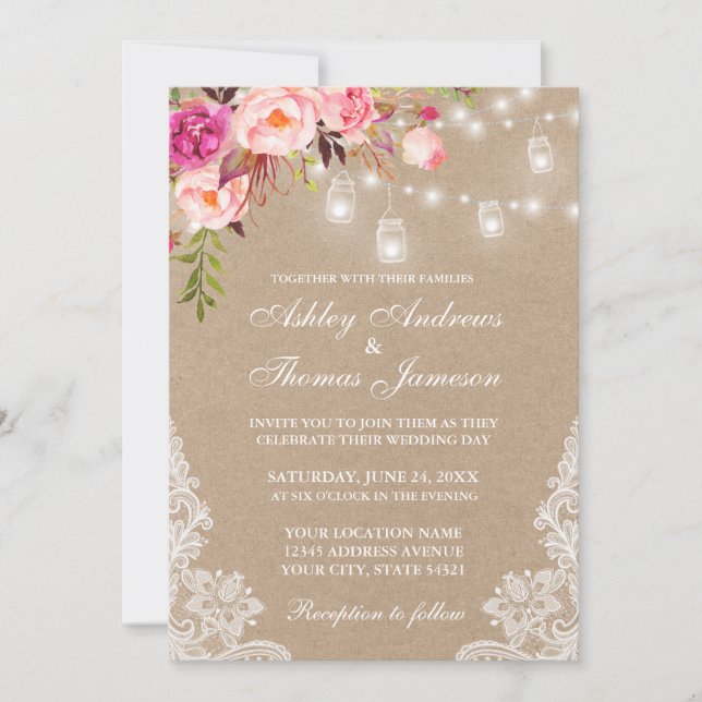 Kraft Pink Floral Jar Lights Lace Wedding Invite (Front)