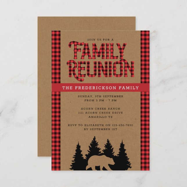 Kraft Plaid Bear Rustic Family Reunion Invitation (Front/Back)