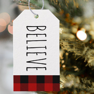 Kraft Red Buffalo Plaid & Believe Christmas  Gift Tags
