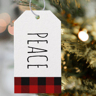 Kraft Red Buffalo Plaid & Peace Christmas Gift Tags