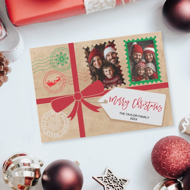 Kraft Red Green Gift Bow Photo Merry Christmas Holiday Card (christmas card designed to look like a gift with a ribbon and bow)