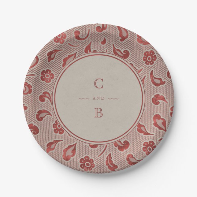 Kraft red Lace rustic country wedding monogram Paper Plate (Front)