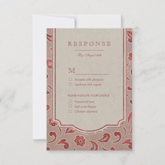 Kraft red Lace rustic country wedding RSVP (Front)