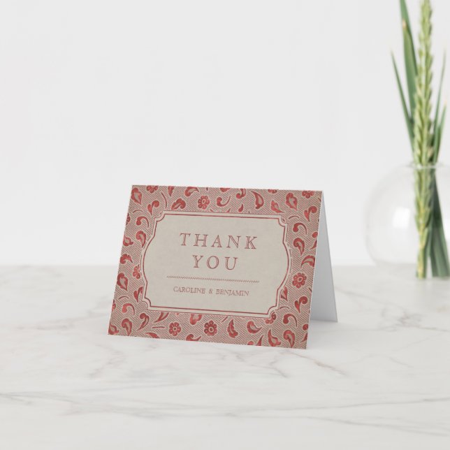 Kraft red Lace rustic country wedding thank you Card (Front)
