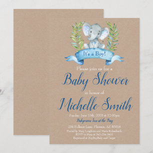 Kraft Rustic Boy Elephant Safari Boho Baby Shower Invitation