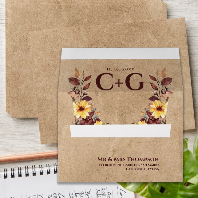 Kraft Rustic Fall Floral Custom Monogram Wedding Envelope (Kraft Rustic Fall Floral Custom Monogram Wedding Envelope)